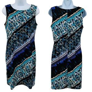 Connected Apparel Watercolor Blue Turquoise Geometric Design Sheath Dress